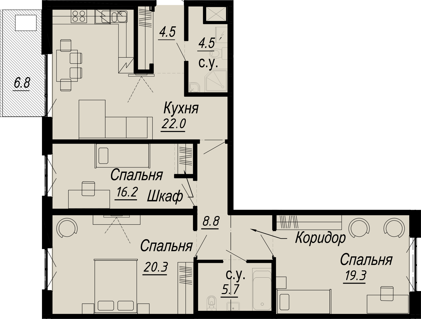 3 комн. квартира, 106.6 м², 5 этаж 