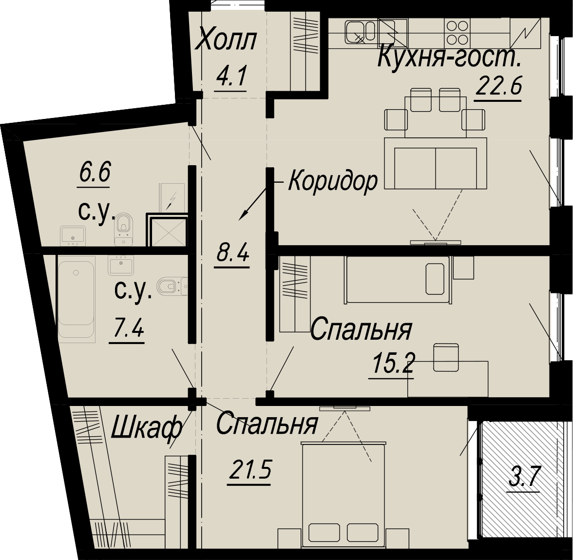 2 комн. квартира, 87.7 м², 3 этаж 