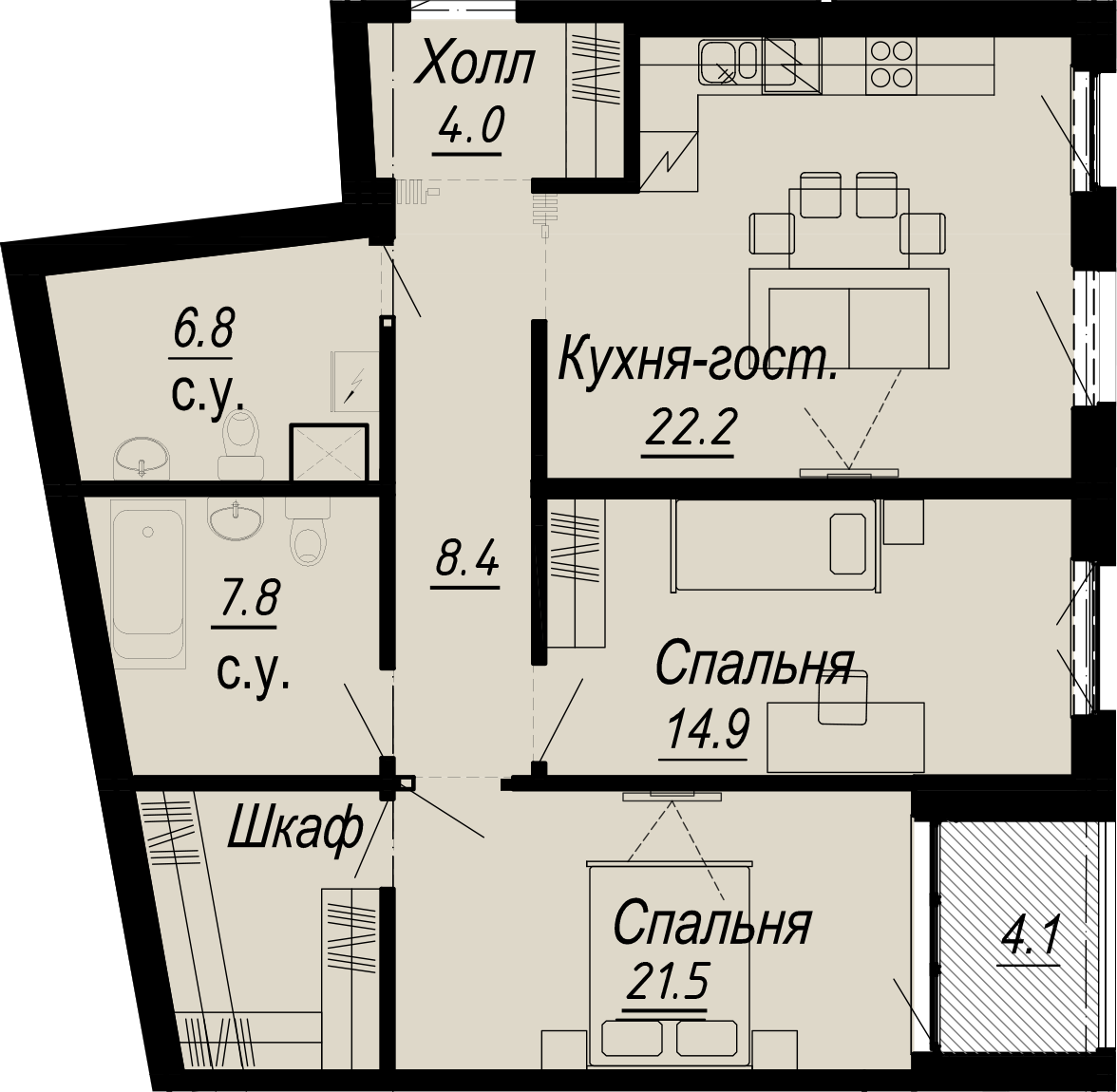 2 комн. квартира, 90 м², 4 этаж 
