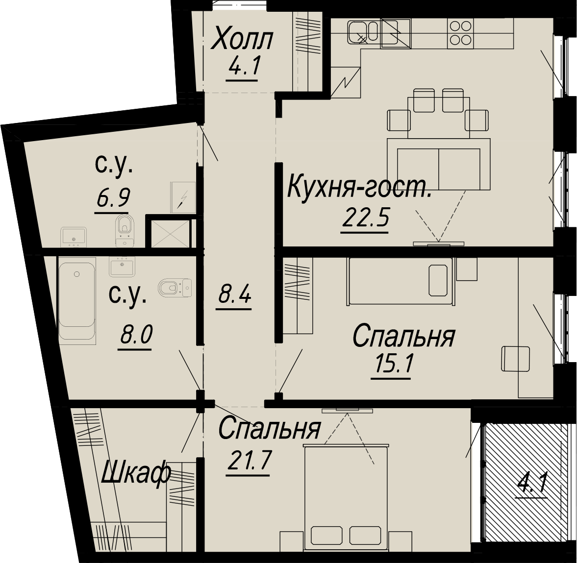 2 комн. квартира, 88.7 м², 5 этаж 