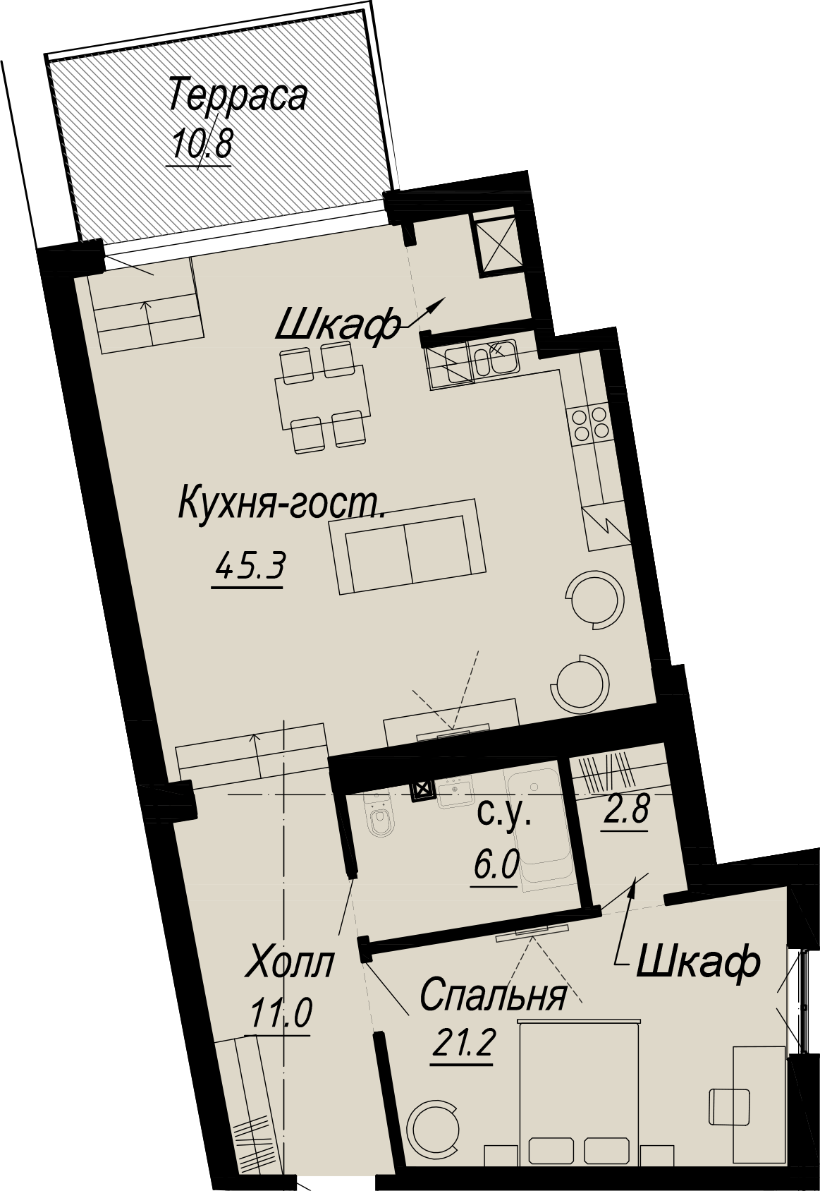 квартира со свободной планировкой, 91.7 м², 6 этаж 