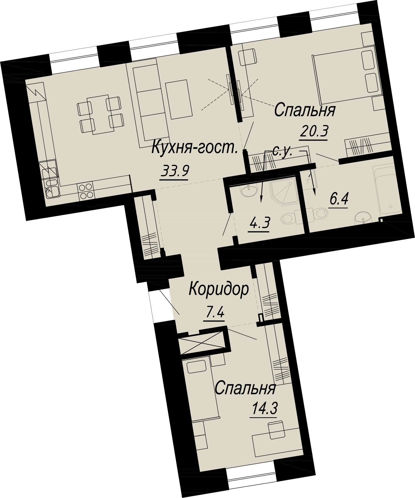 2 комн. квартира, 86.6 м², 3 этаж 