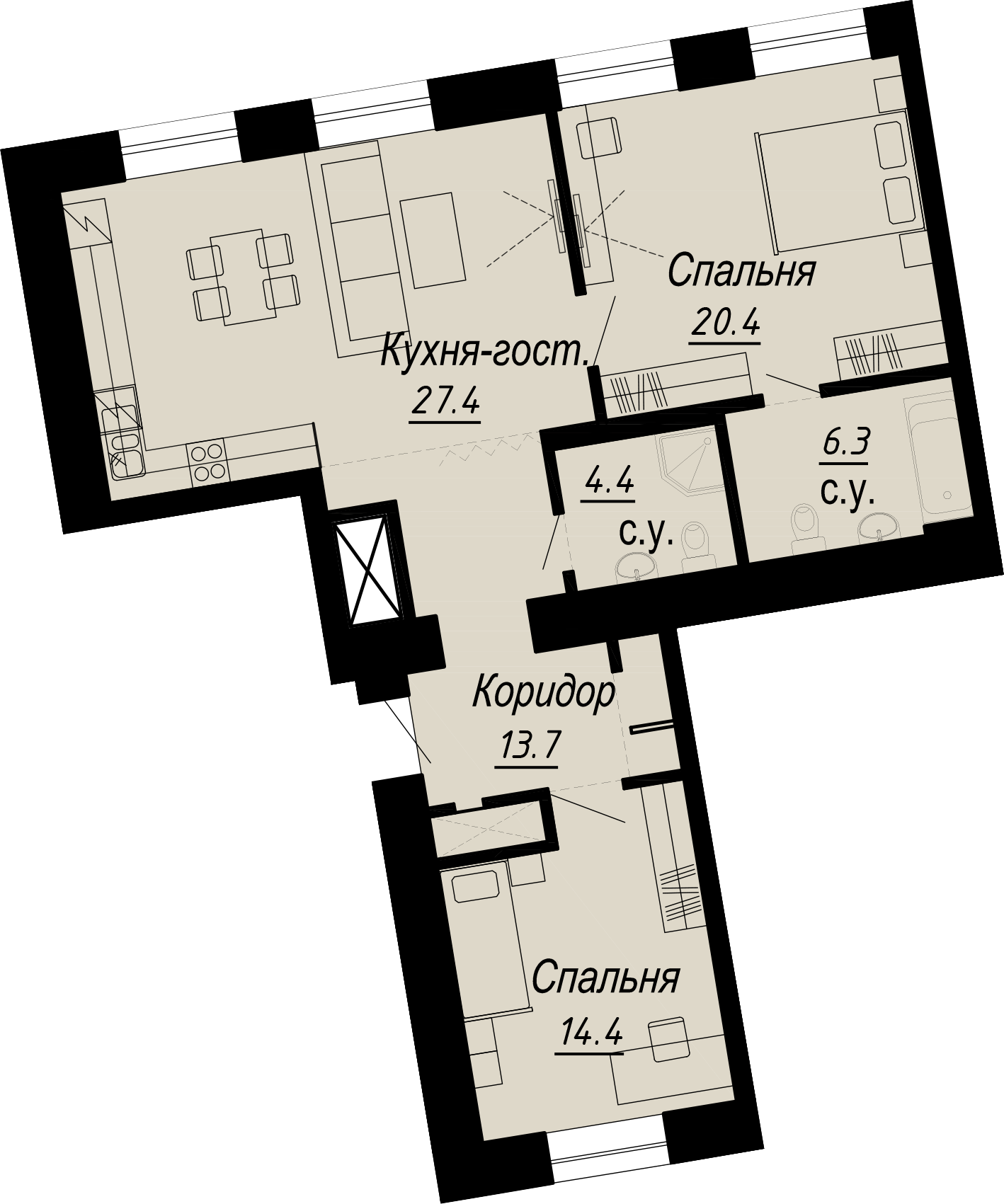 2 комн. квартира, 86.6 м², 4 этаж 