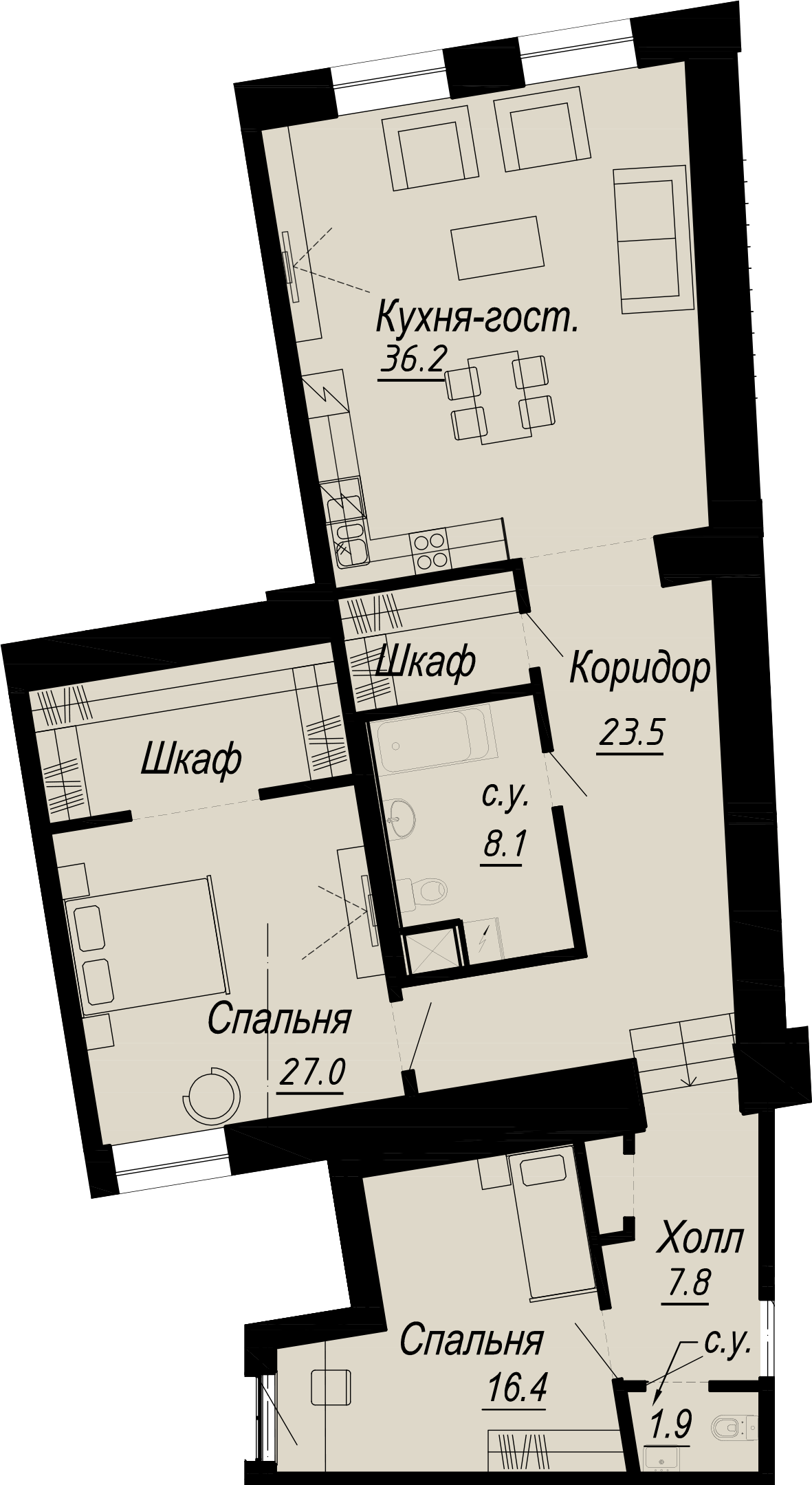 2 комн. квартира, 123 м², 3 этаж 
