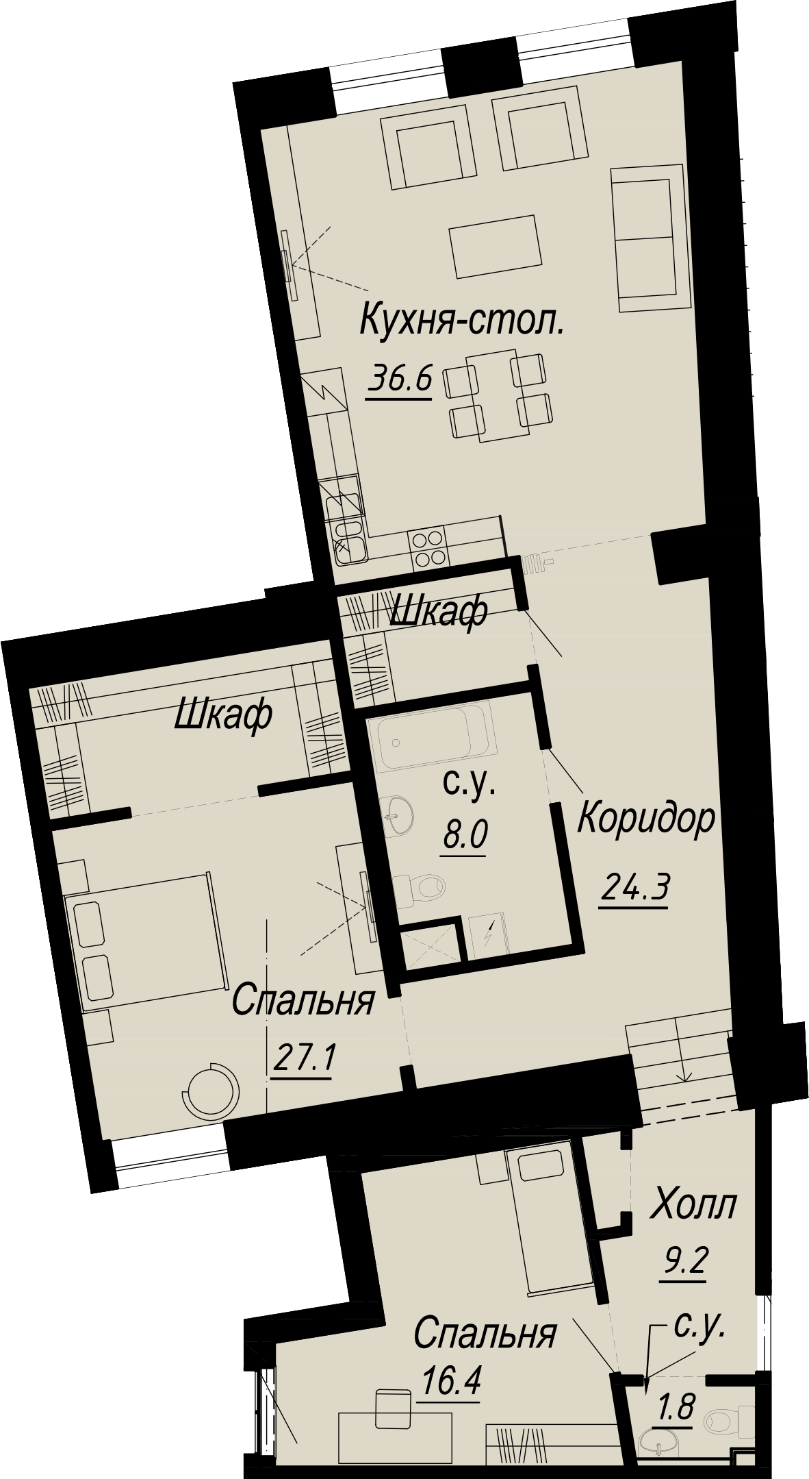 2 комн. квартира, 125.7 м², 4 этаж 