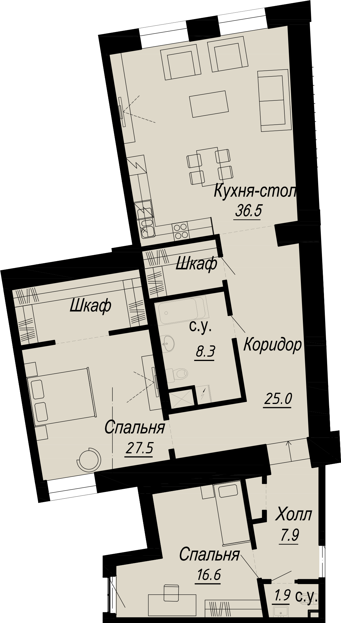 2 комн. квартира, 126 м², 5 этаж 