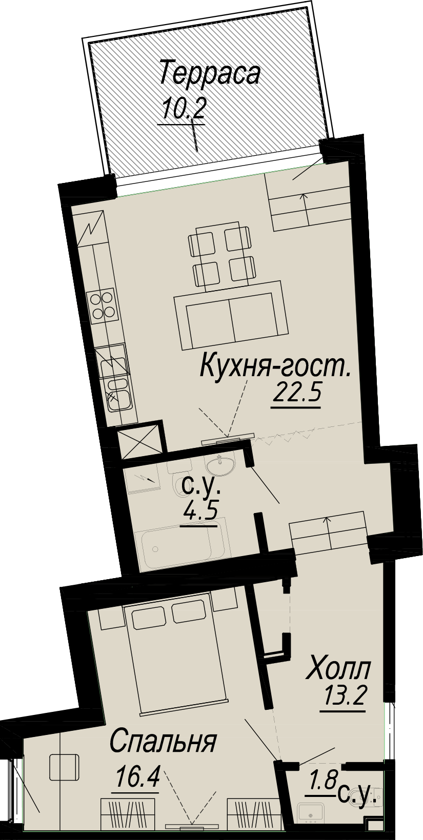 1 комн. квартира, 63.5 м², 6 этаж 
