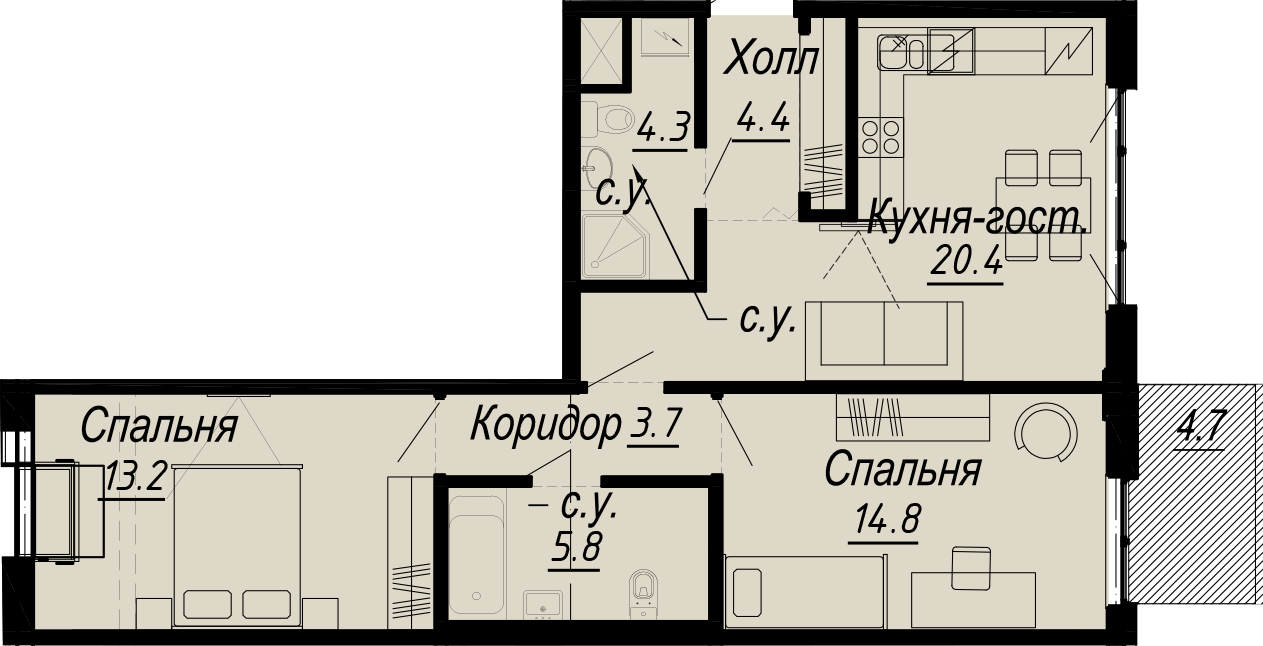 2 комн. квартира, 68 м², 7 этаж 