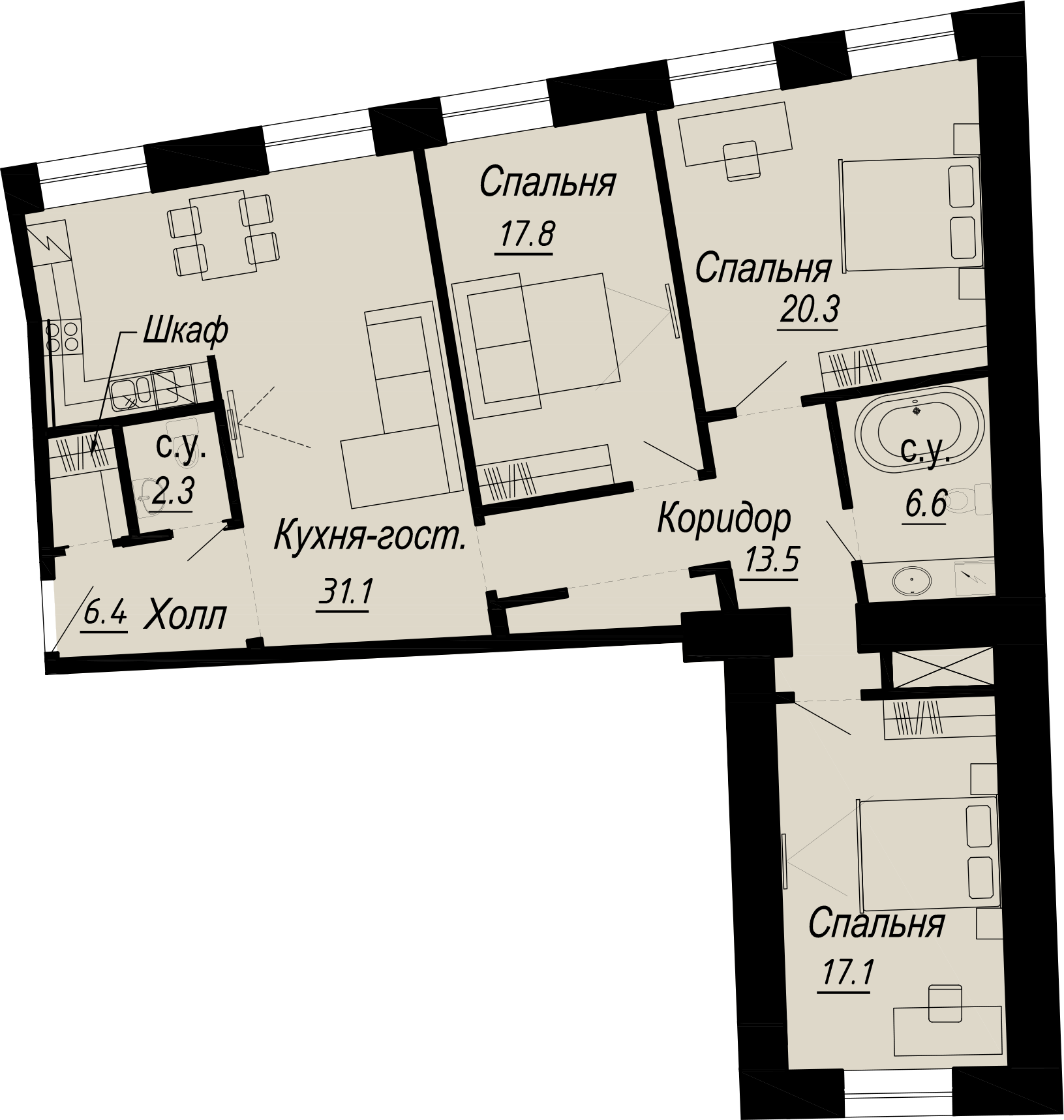 3 комн. квартира, 117.2 м², 3 этаж 