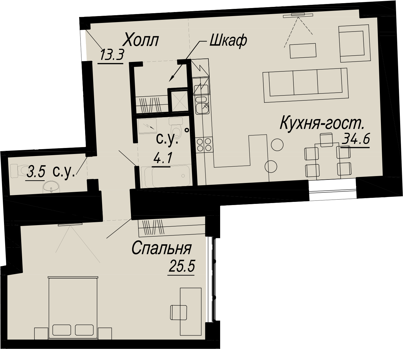 квартира со свободной планировкой, 80.5 м², 3 этаж 