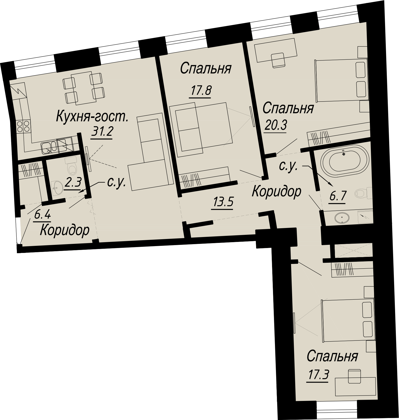 3 комн. квартира, 117.6 м², 4 этаж 