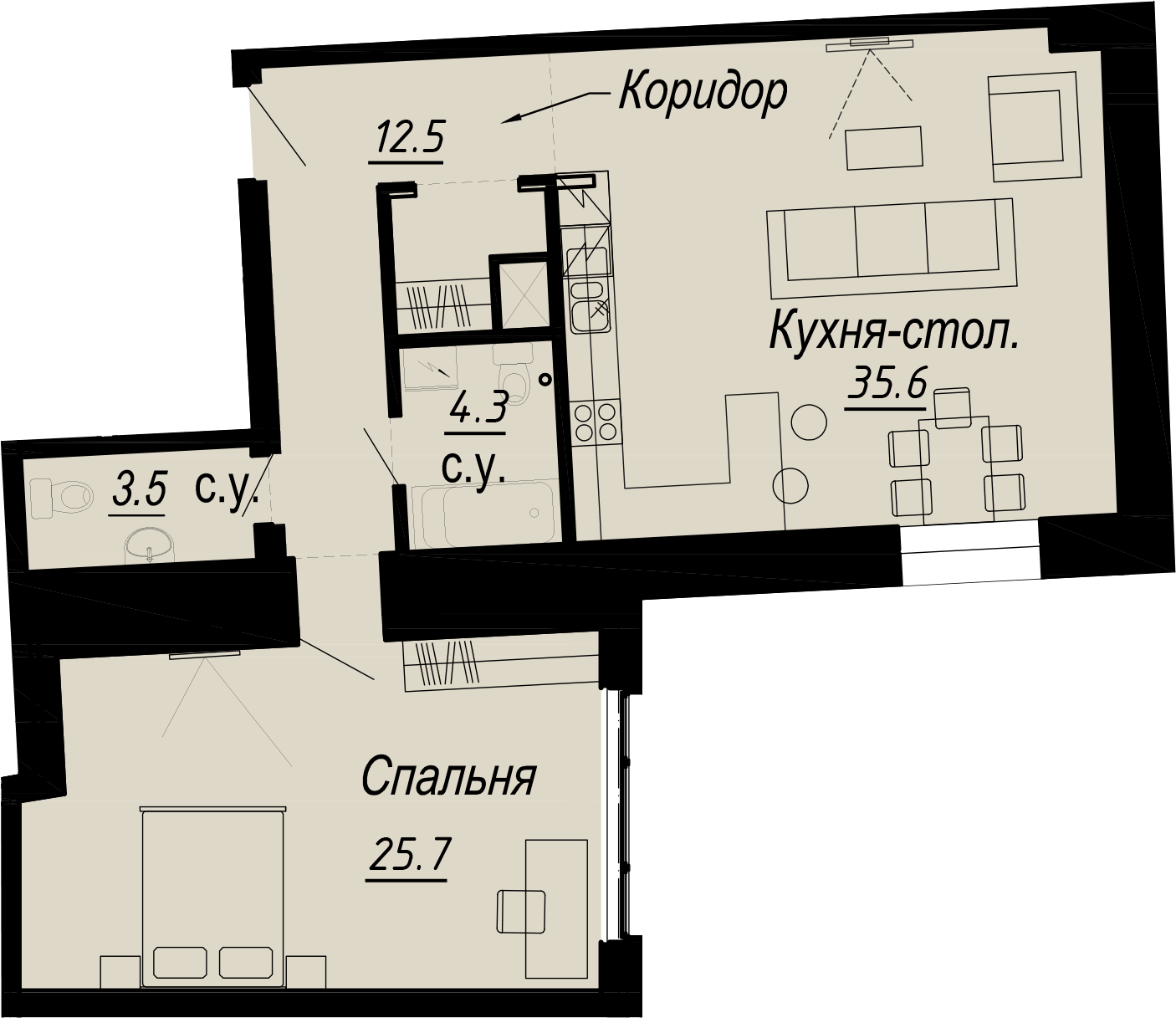 квартира со свободной планировкой, 81.6 м², 5 этаж 