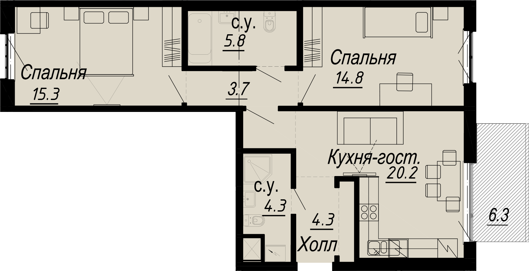 2 комн. квартира, 71.6 м², 3 этаж 