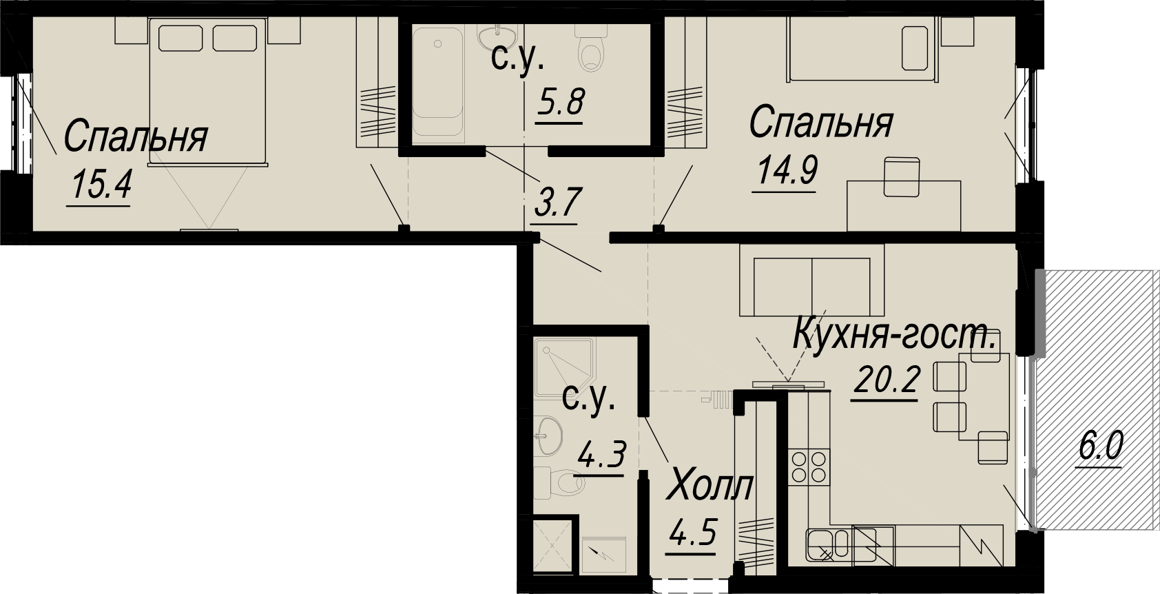 2 комн. квартира, 71.8 м², 4 этаж 