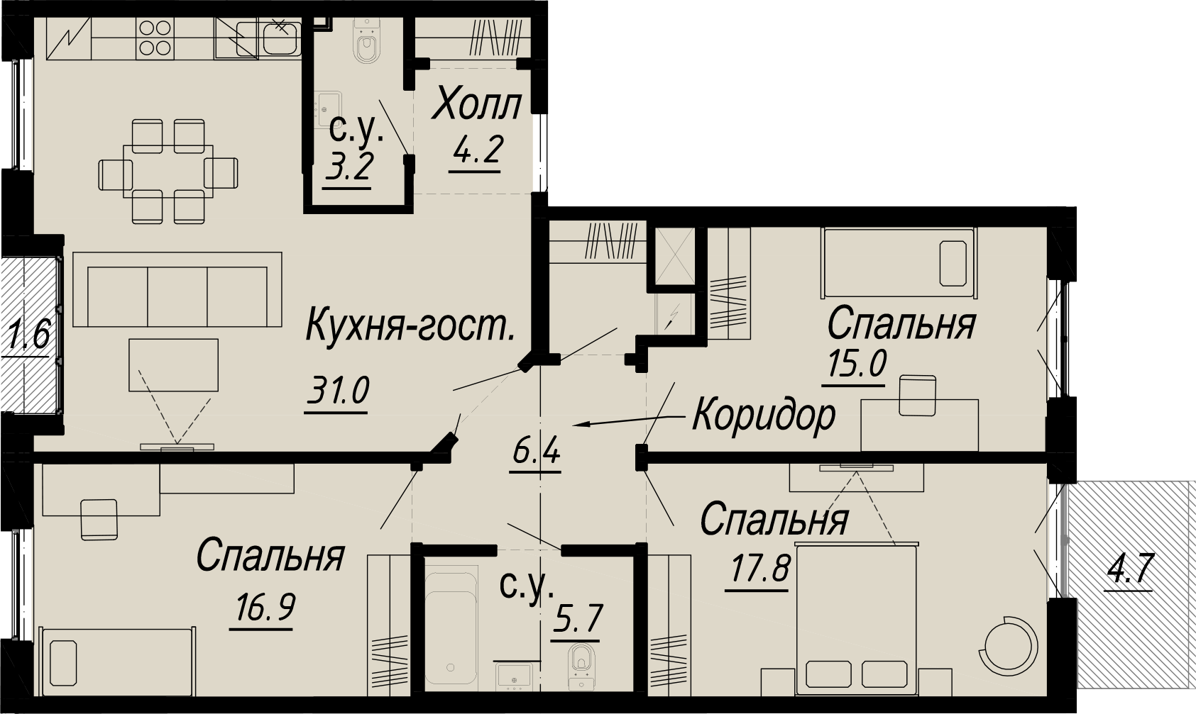 3 комн. квартира, 107.1 м², 5 этаж 