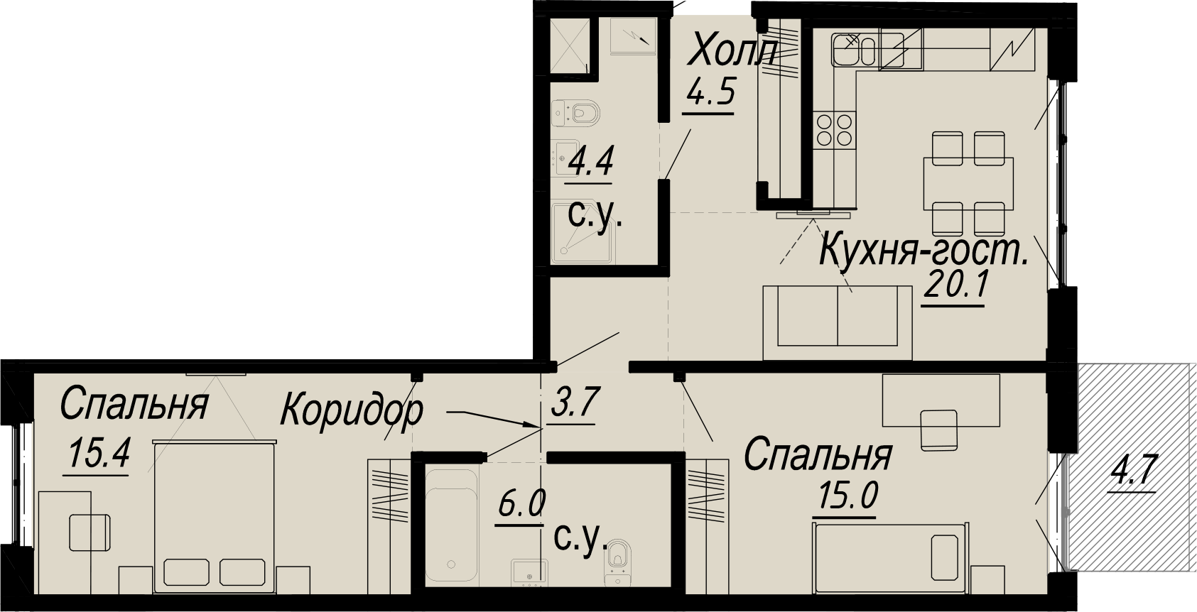 2 комн. квартира, 70.8 м², 5 этаж 
