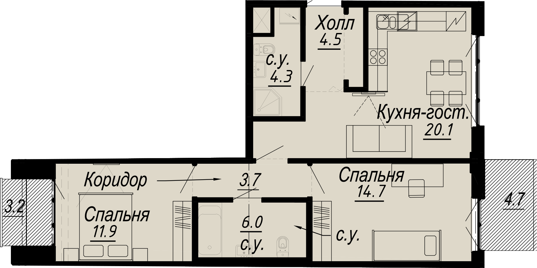 2 комн. квартира, 67.6 м², 7 этаж 
