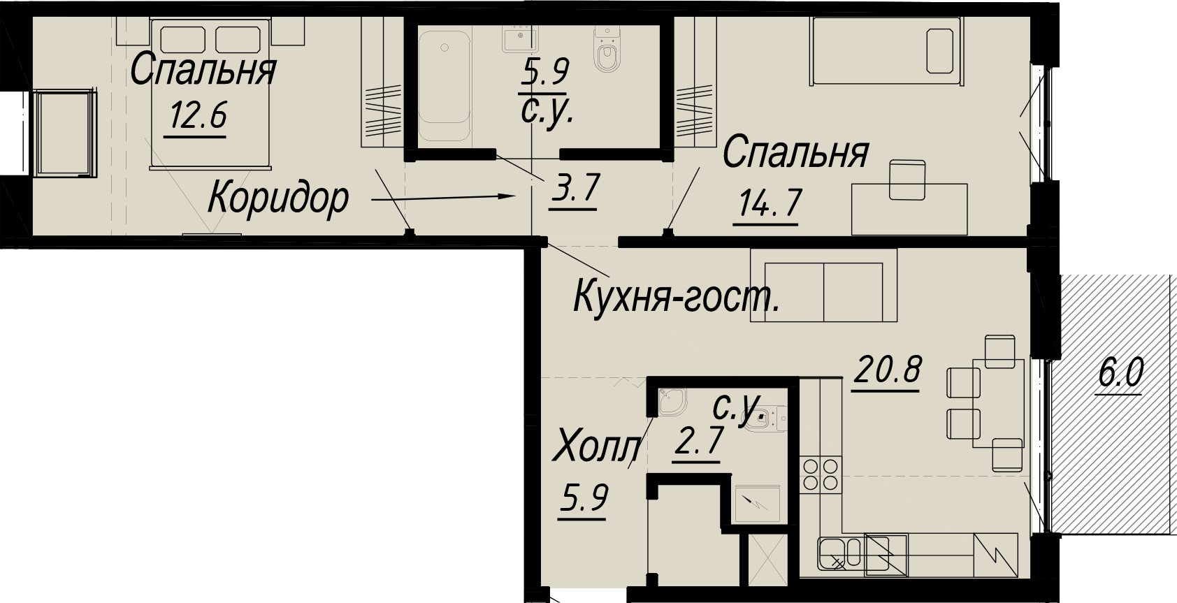 2 комн. квартира, 68.1 м², 7 этаж 