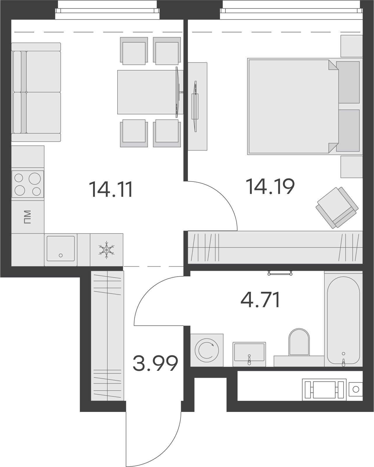 1 комн. квартира, 37 м², 11 этаж 
