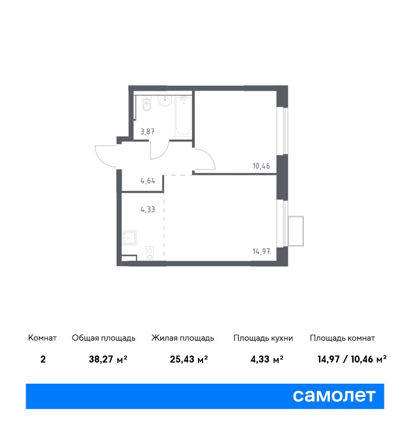 1 комн. квартира, 38.3 м², 2 этаж  (из 17)