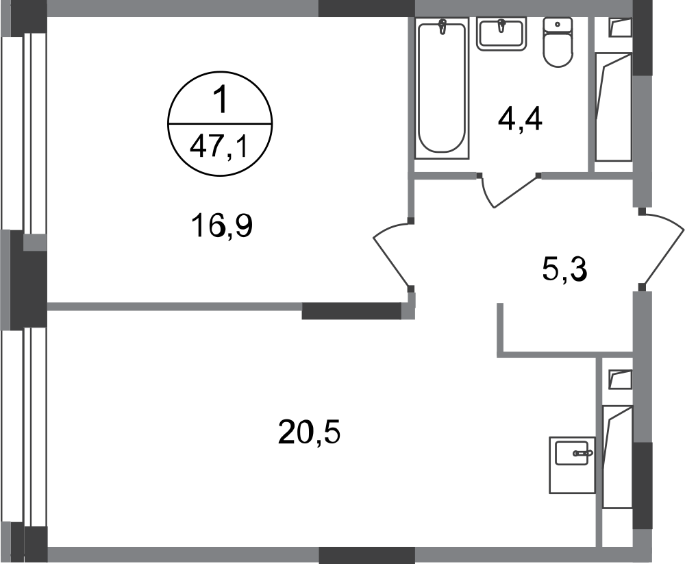 1 комн. квартира, 47.1 м², 20 этаж  (из 20)