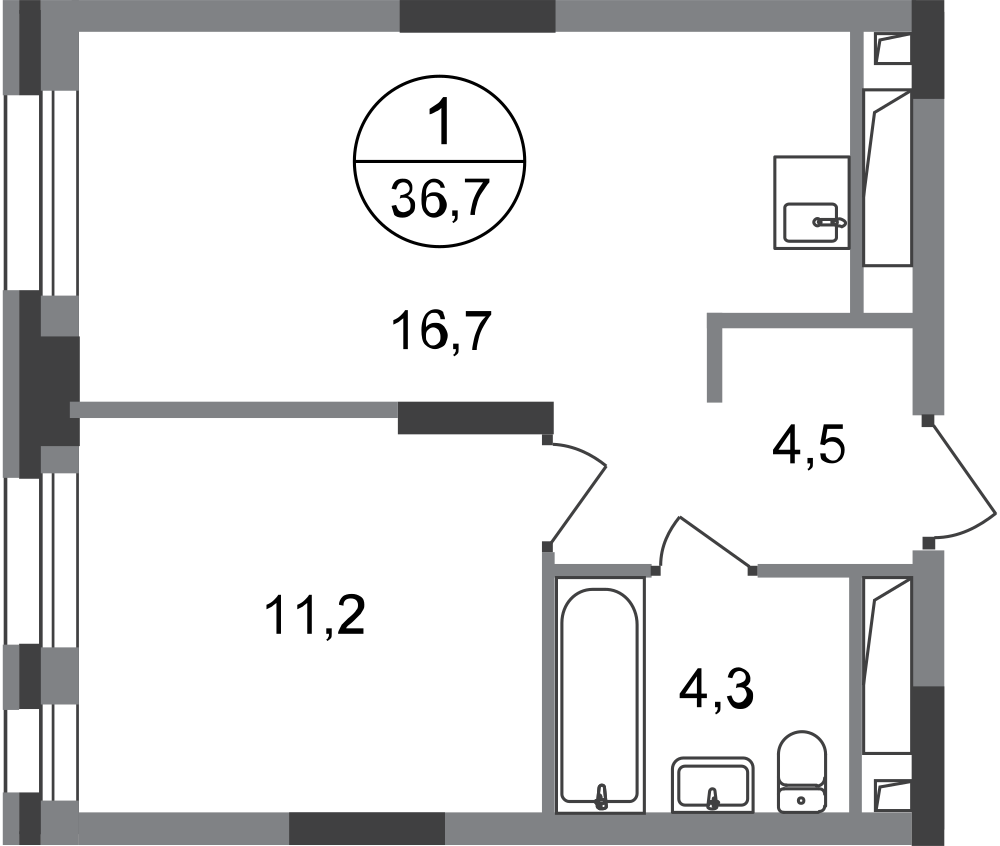 1 комн. квартира, 36.7 м², 6 этаж  (из 20)