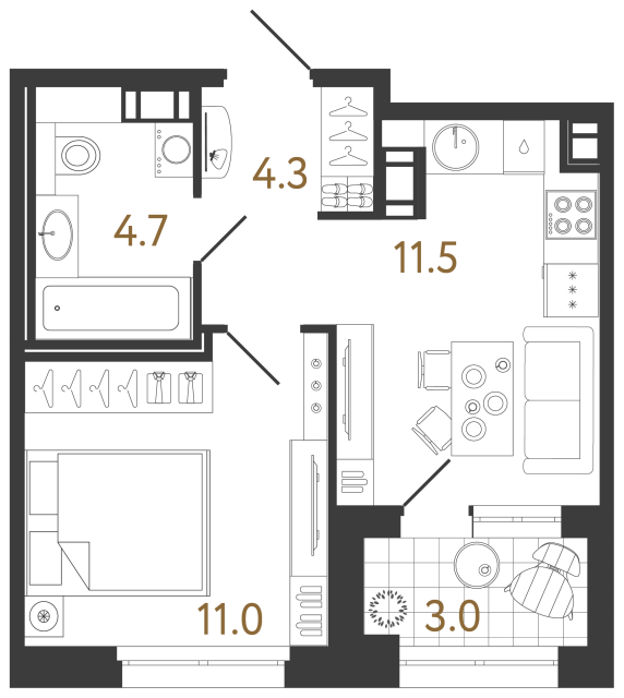 1 комн. квартира, 31.5 м², 3 этаж 