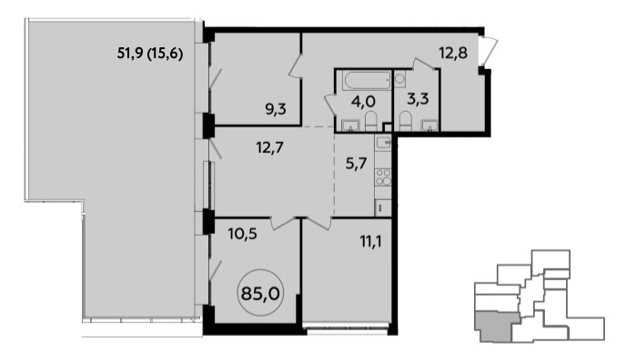 4 комн. квартира, 84.9 м², 2 этаж 