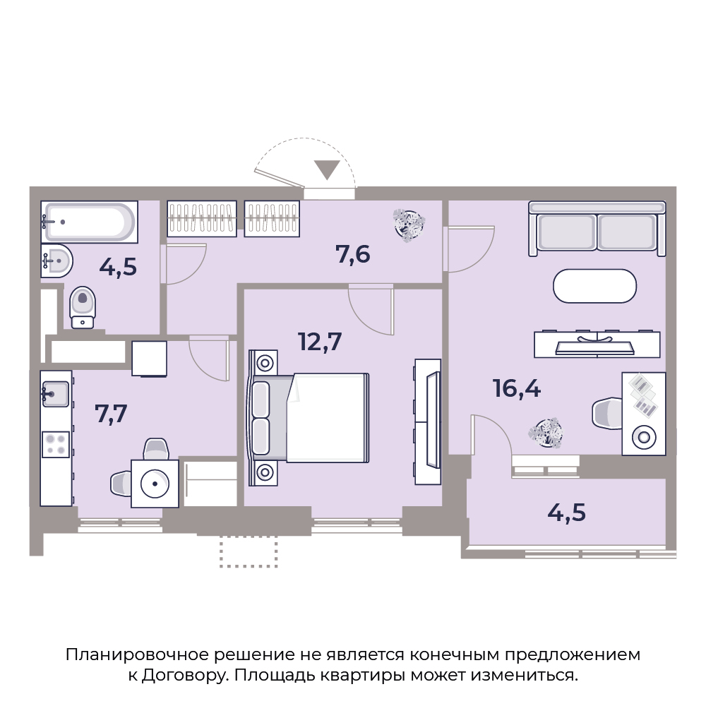 2 комн. квартира, 54 м², 13 этаж 