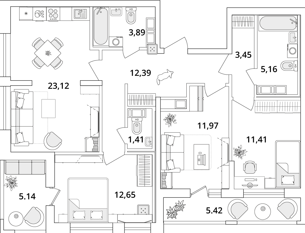 3 комн. квартира, 90.7 м², 13 этаж 