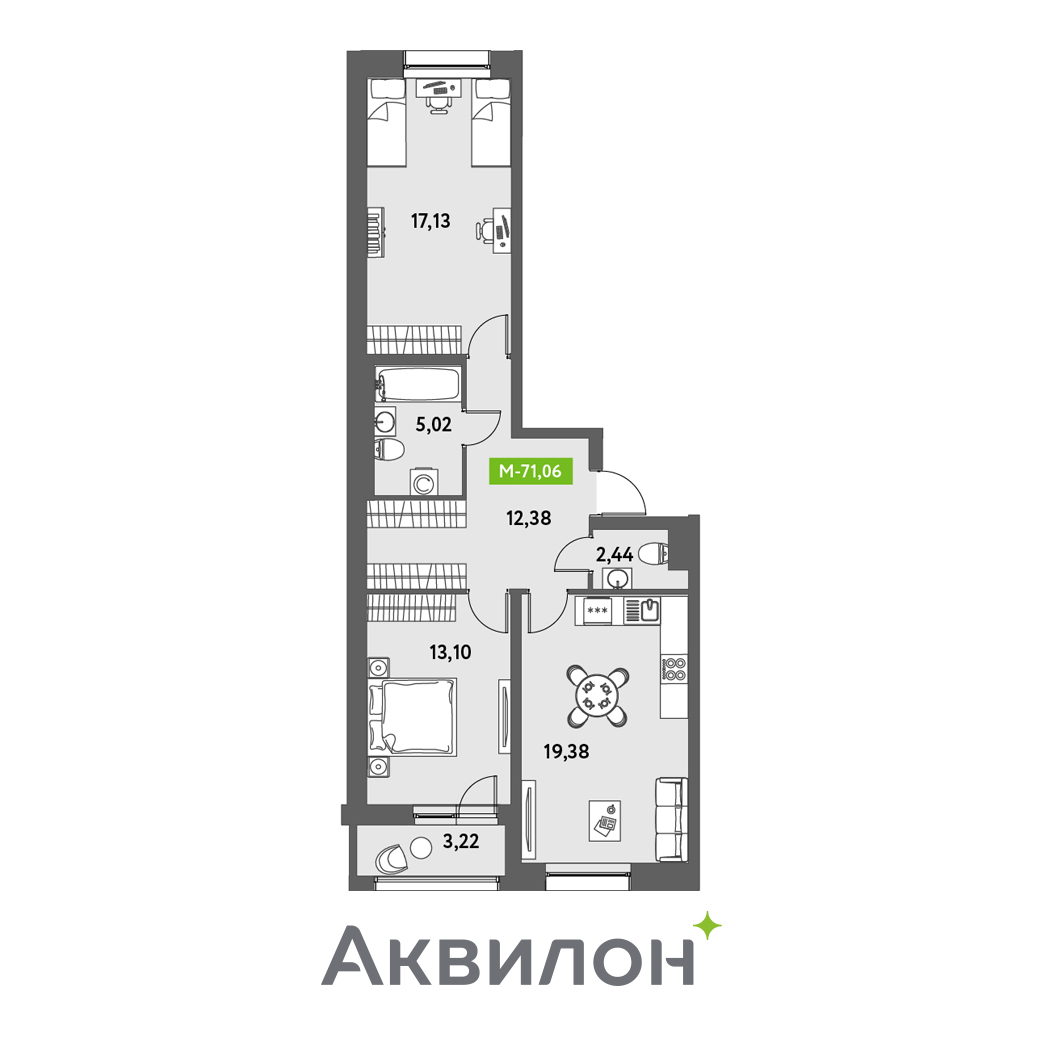 2 комн. квартира, 71.1 м², 2 этаж 