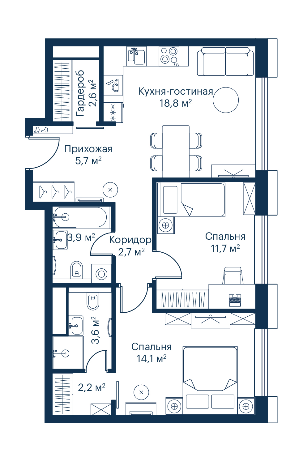 2 комн. квартира, 65.8 м², 16 этаж 