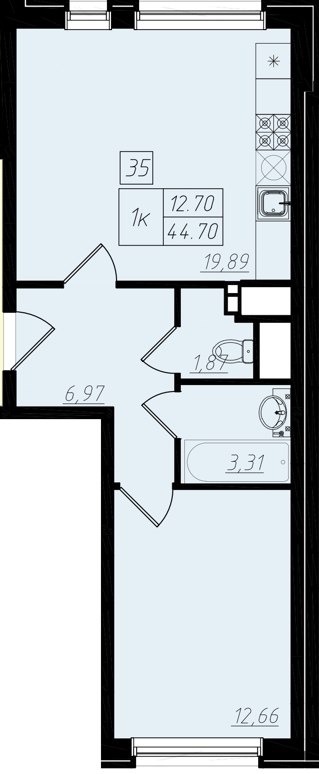 1 комн. квартира, 44.6 м², 1 этаж 