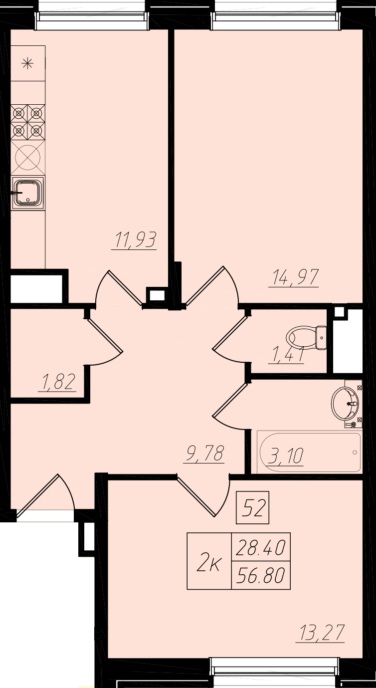 2 комн. квартира, 57.1 м², 1 этаж 