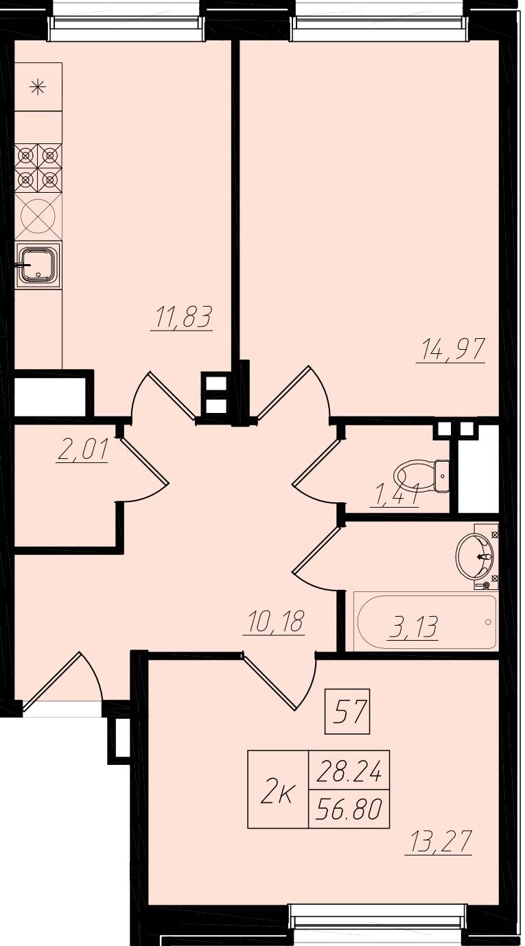 2 комн. квартира, 56.9 м², 2 этаж 