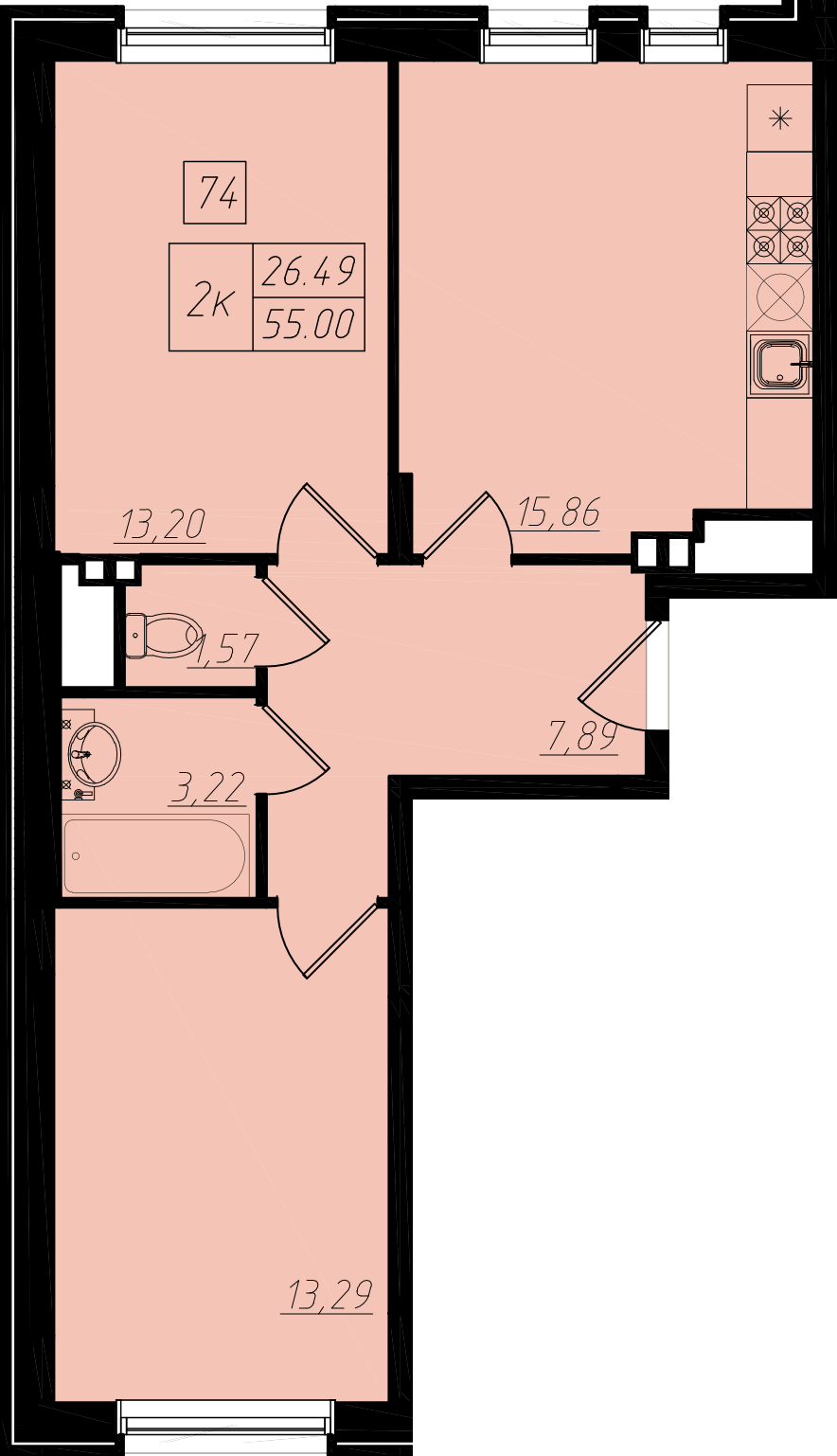 2 комн. квартира, 54.4 м², 2 этаж 