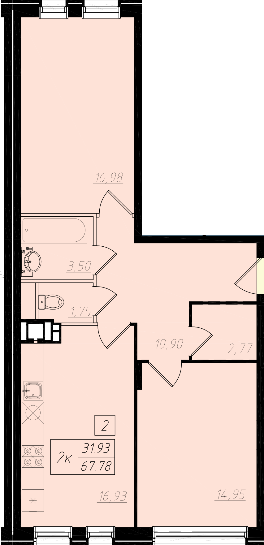2 комн. квартира, 66.4 м², 1 этаж 