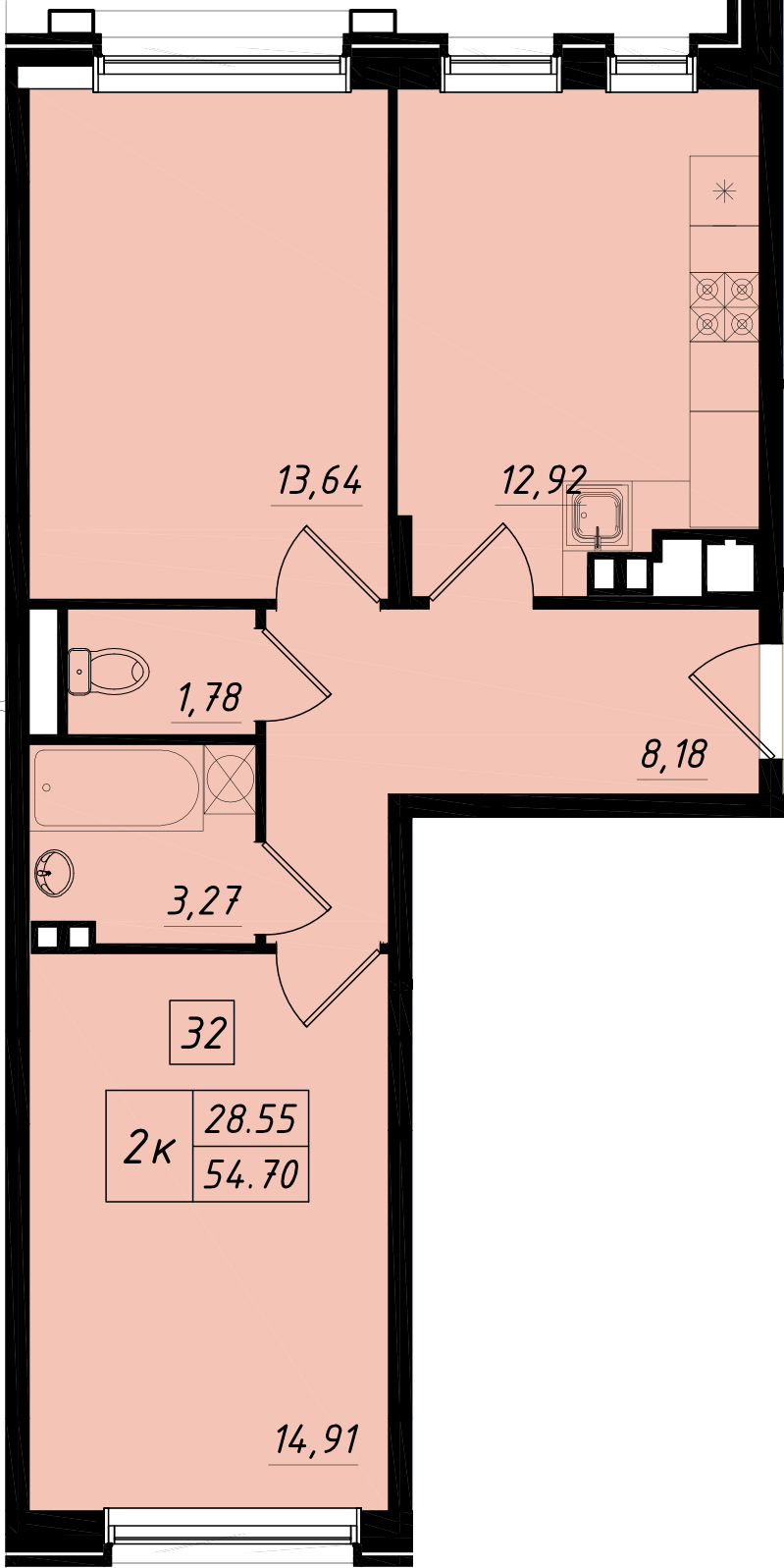 2 комн. квартира, 54.7 м², 2 этаж 