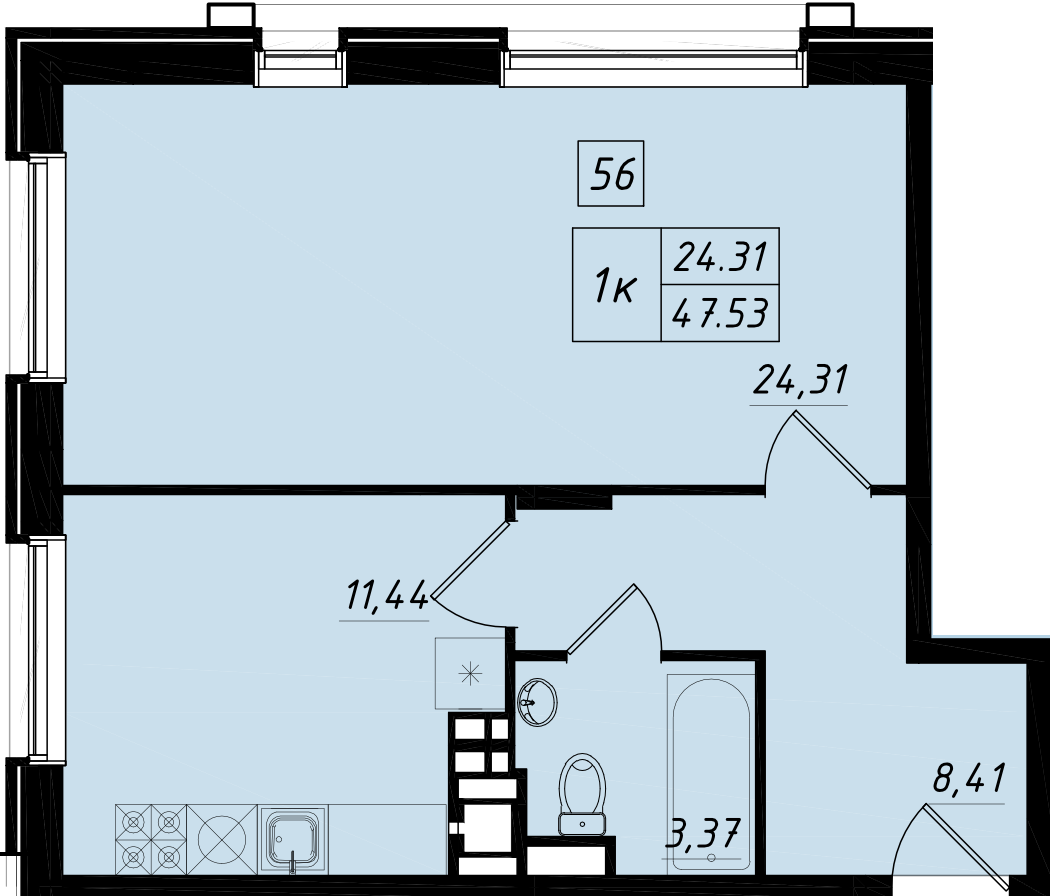 1 комн. квартира, 47.4 м², 2 этаж 