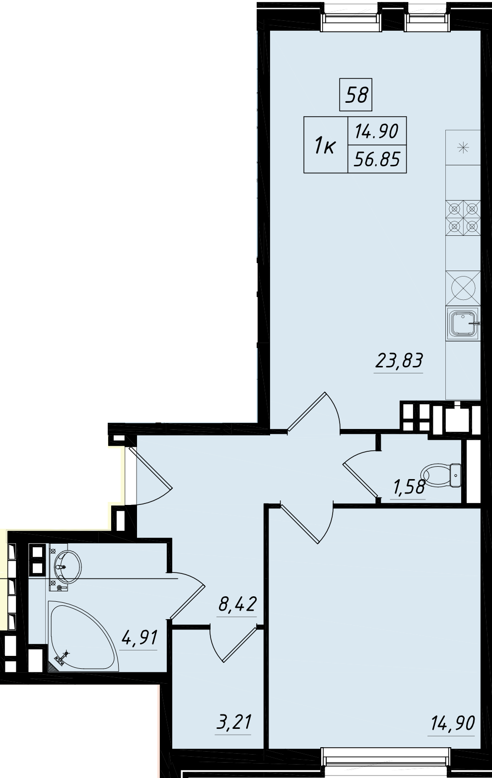 1 комн. квартира, 56.8 м², 2 этаж 