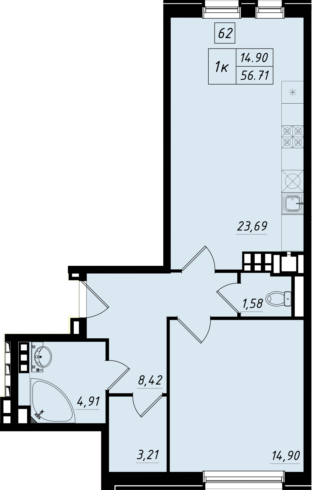 1 комн. квартира, 56.4 м², 3 этаж 