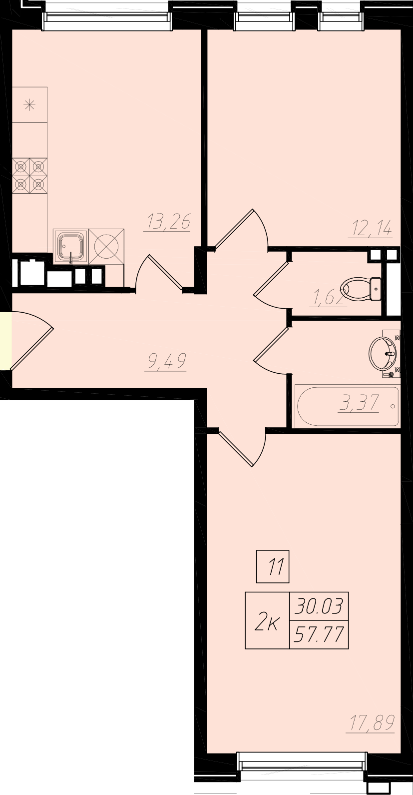 2 комн. квартира, 57.6 м², 2 этаж 