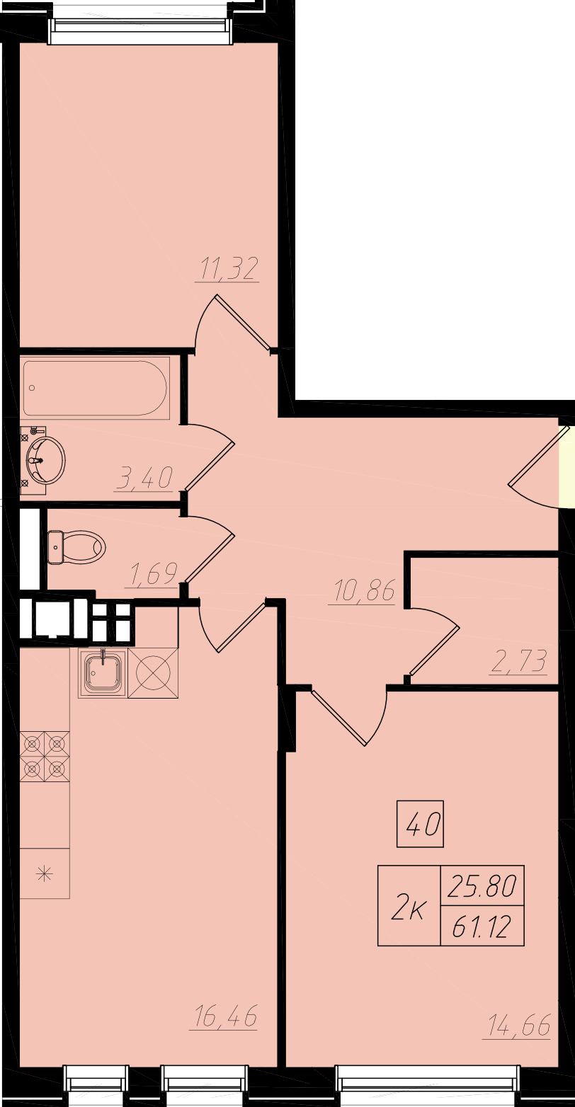 2 комн. квартира, 61.2 м², 2 этаж 