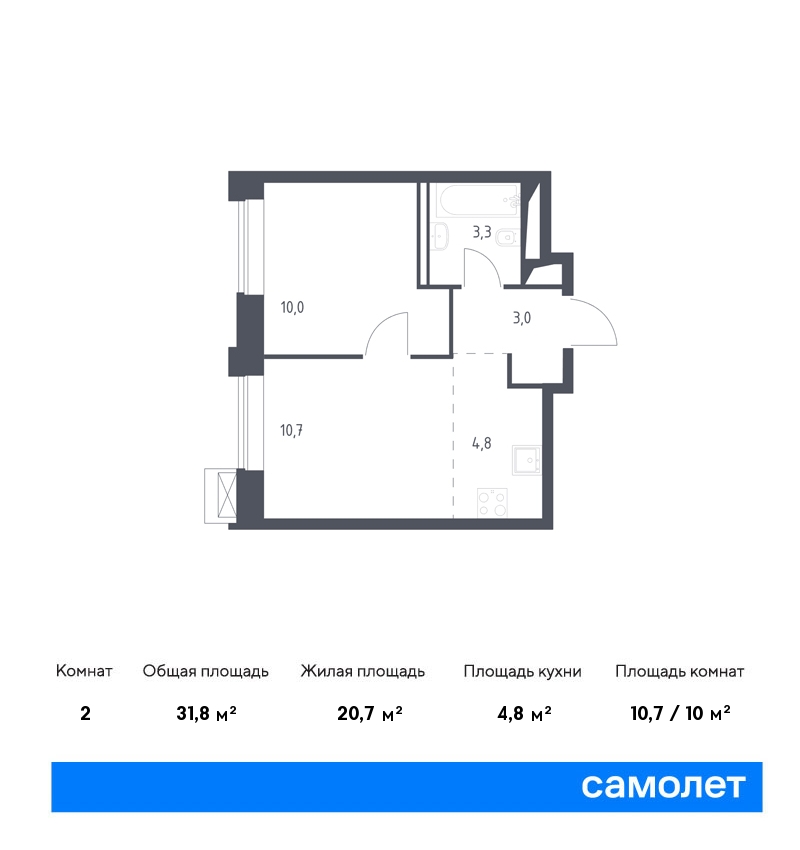 1 комн. квартира, 31.8 м², 2 этаж  (из 9)