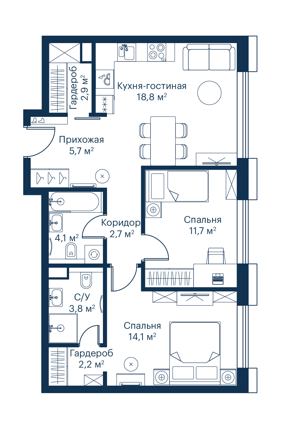 2 комн. квартира, 66.4 м², 2 этаж 