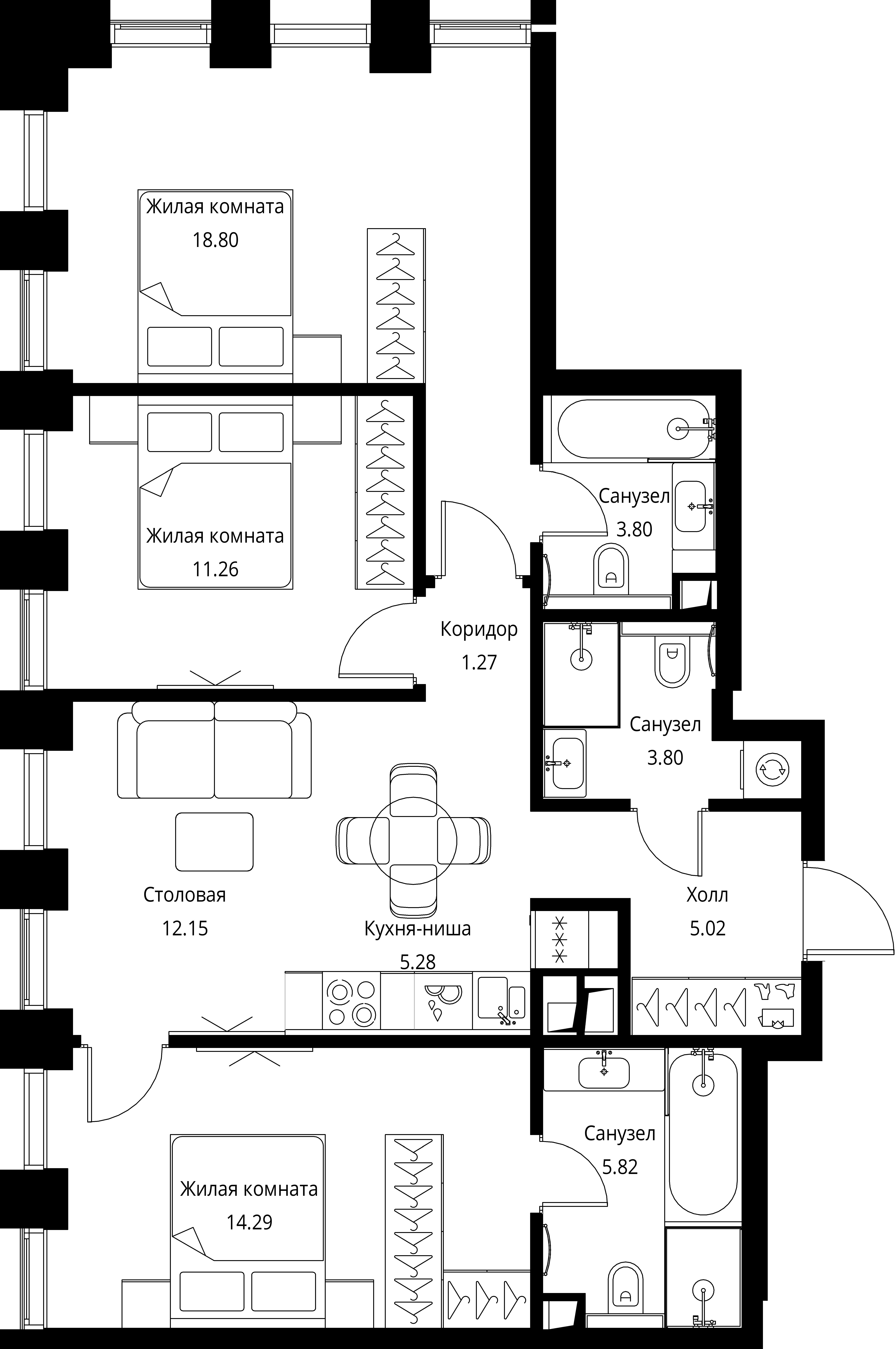 3 комн. квартира, 81.5 м², 5 этаж 