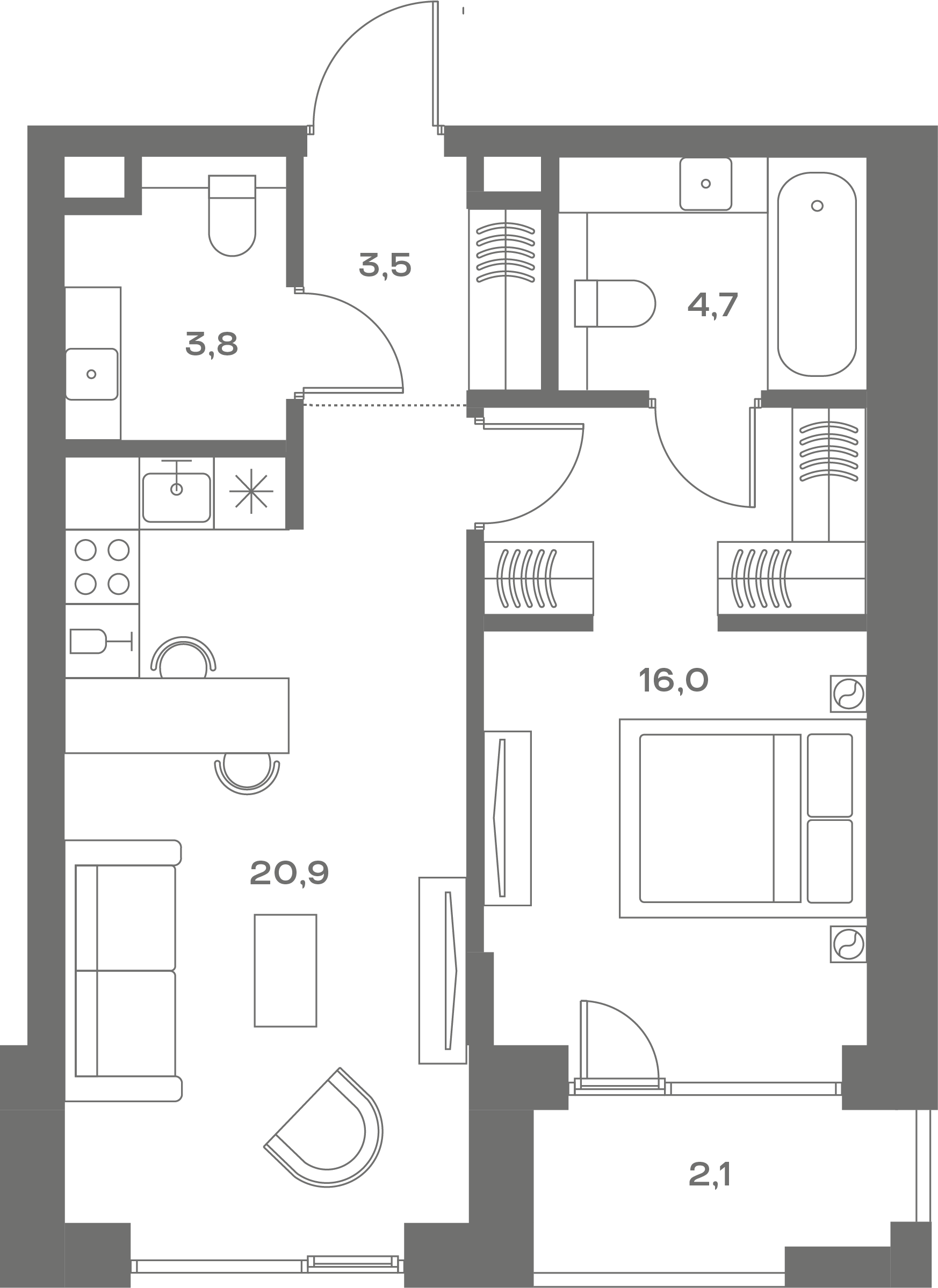 1 комн. квартира, 51 м², 3 этаж 