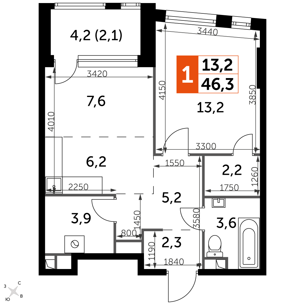 1 комн. квартира, 46.3 м², 2 этаж 