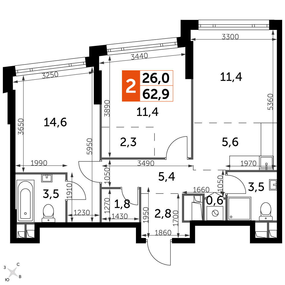2 комн. квартира, 62.9 м², 15 этаж 