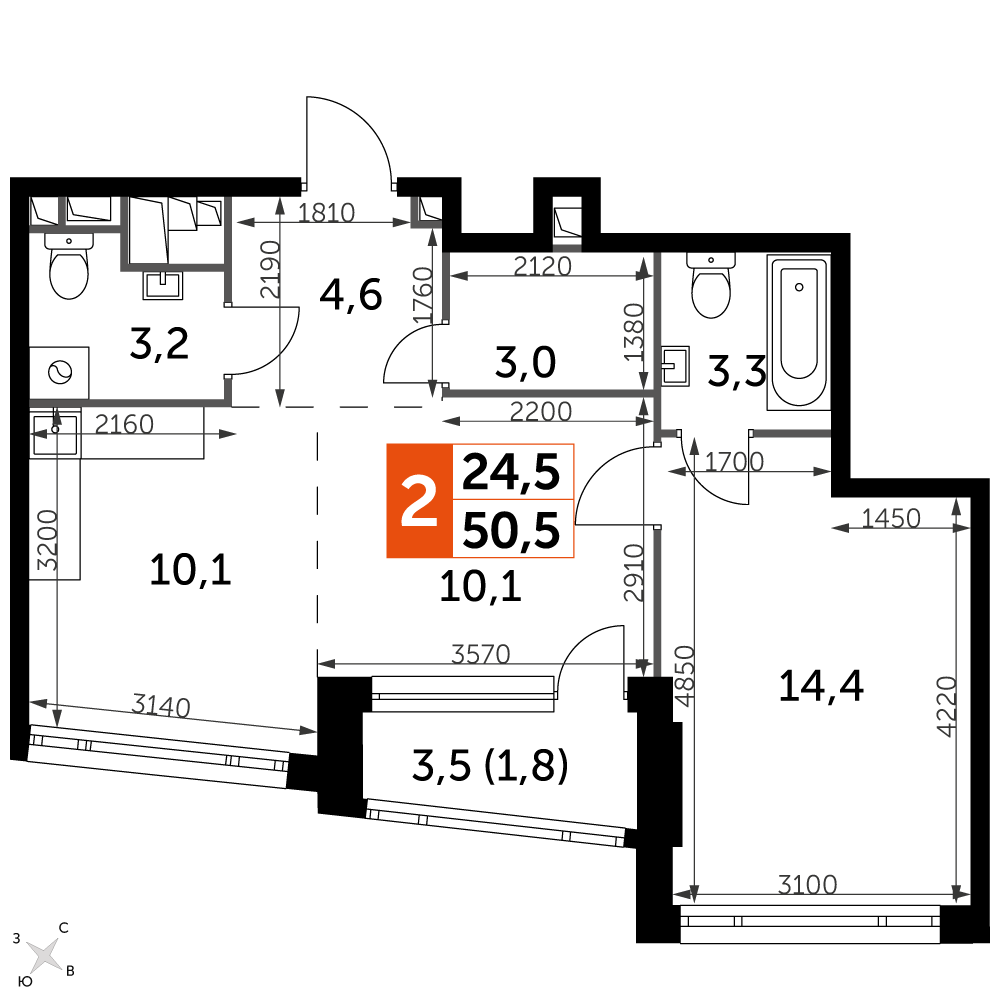 2 комн. квартира, 50.5 м², 26 этаж 